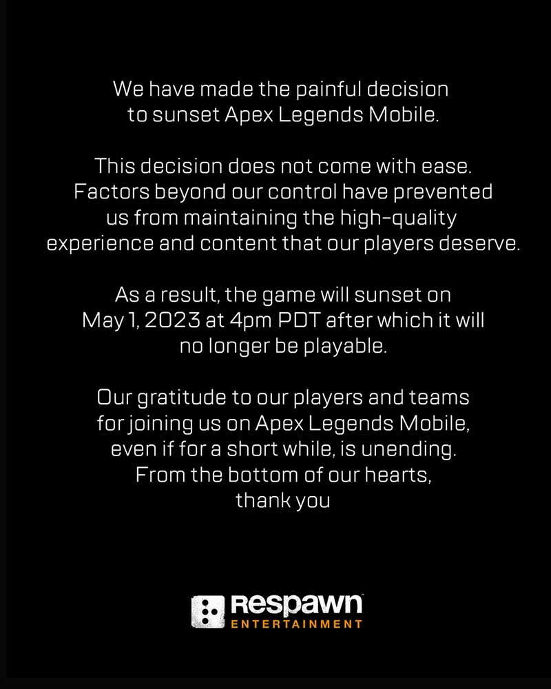 Respawn Entertainment thông báo trên Twitter rằng Apex Legends Mobile sẽ đóng cửa vào 05/01/2023